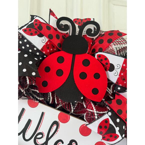 Welcome Ladybug Ribbon Deco Mesh Spring Summer Wreath, Front Door Hanger - Picture 3 of 8